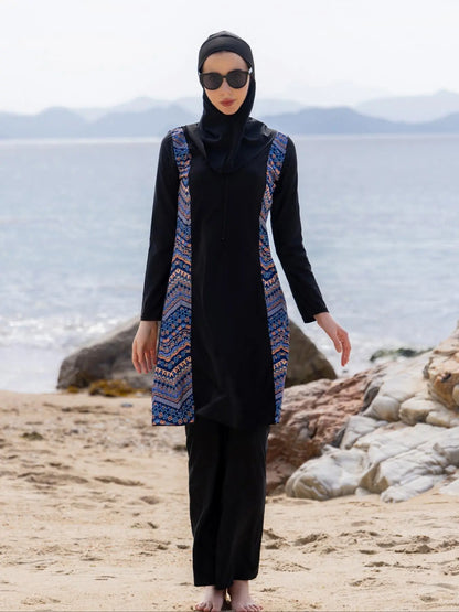Women'S Ethnic Pattern Long Sleeve Swim Top & Swim Pants & Hijab, Modesty Tight-Fitting Three-Piece Set, Casual Muslim Swimwear, Modest Swimming Wear for Beach Vacation