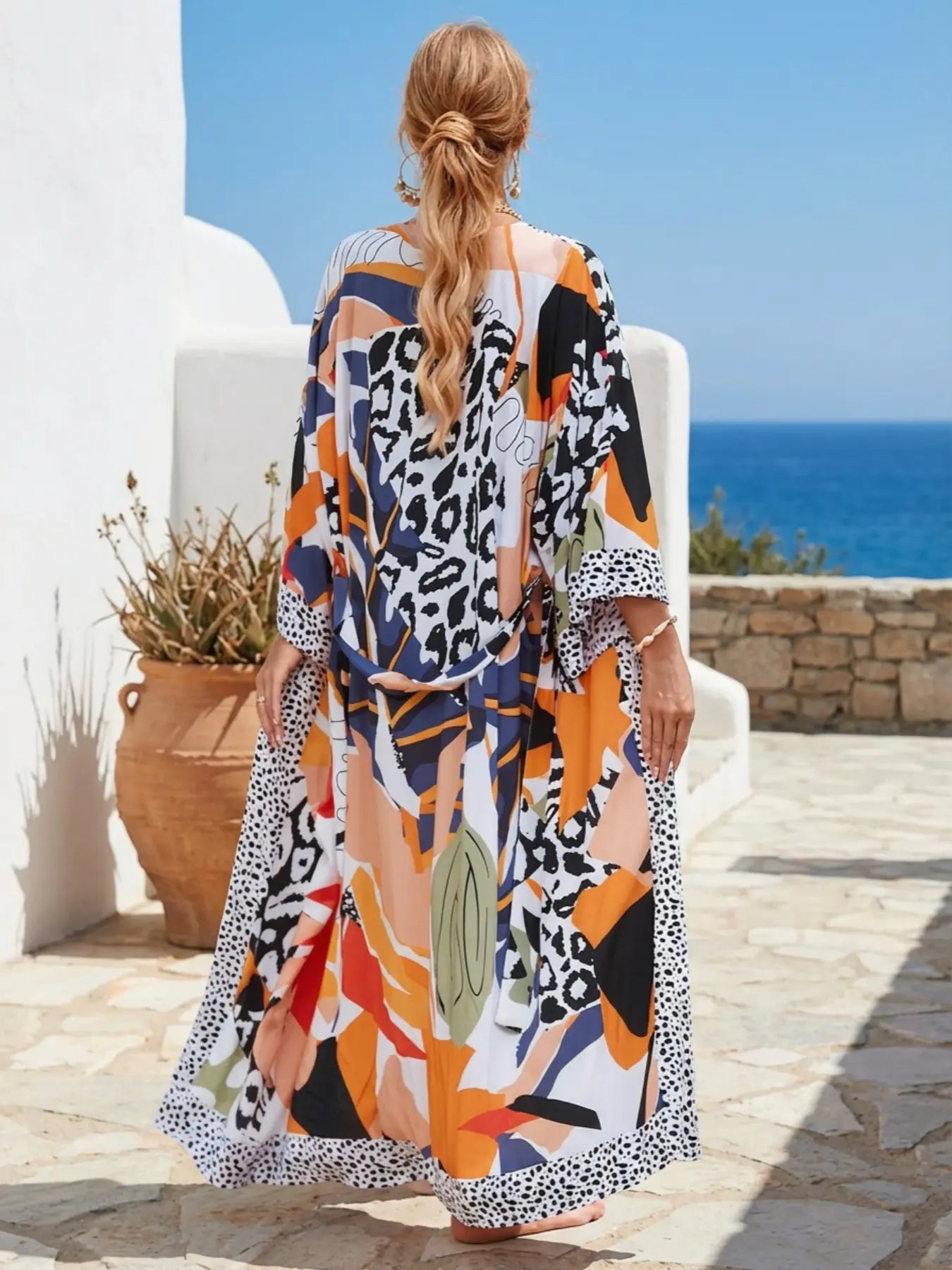 Women'S Plants Print Belted Cover Up, Boho Long Sleeve Open Front Cardigan Kimono for Beach Vacation, Women'S Swimwear for All Seasons, Swimsuit Cover Ups