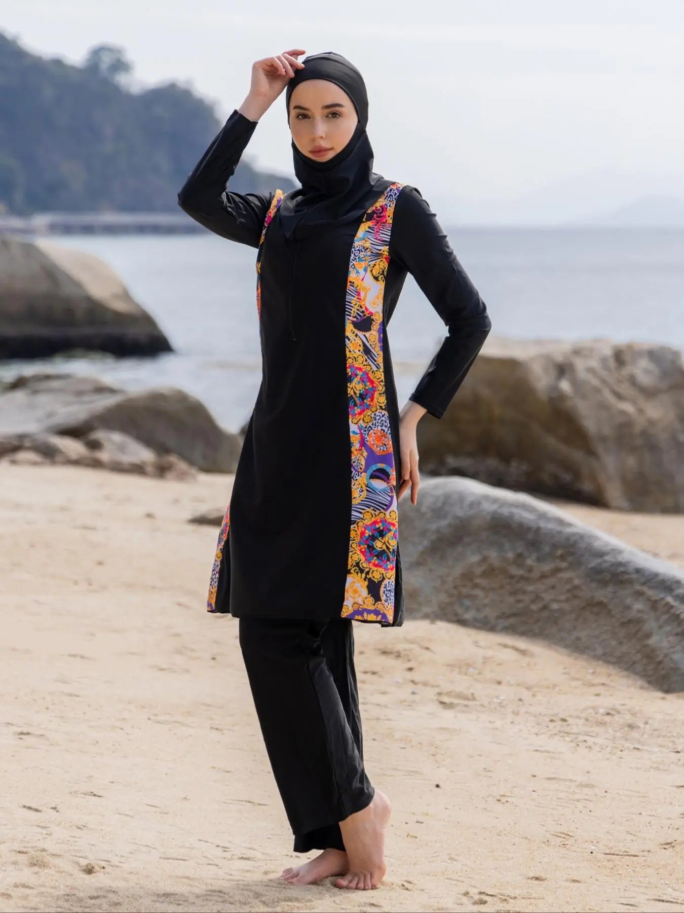 Women'S Ethnic Pattern Long Sleeve Swim Top & Swim Pants & Hijab, Modesty Tight-Fitting Three-Piece Set, Casual Muslim Swimwear, Modest Swimming Wear for Beach Vacation