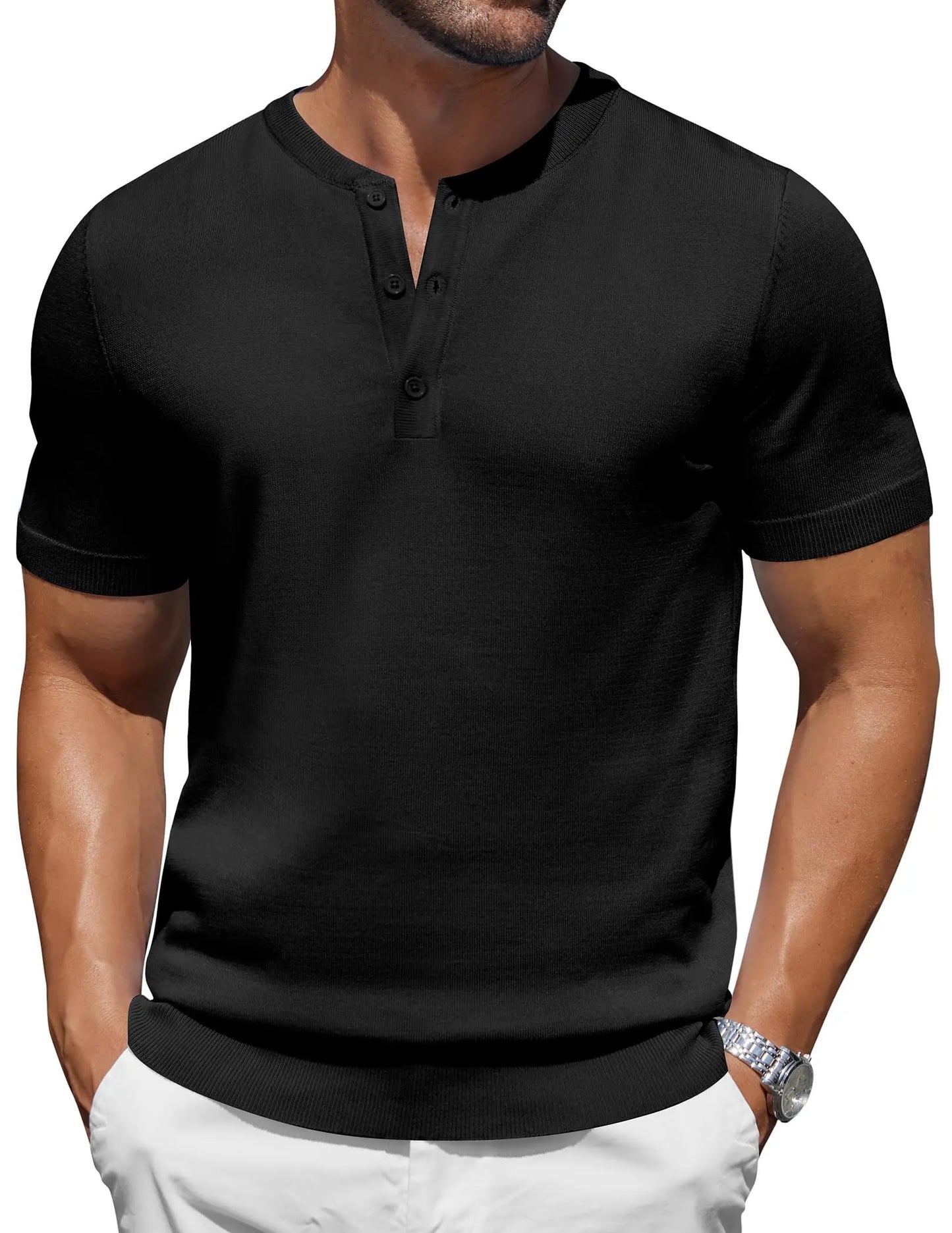 Men's Knit Henley Short Sleeve Casual Summer Button T-Shirt