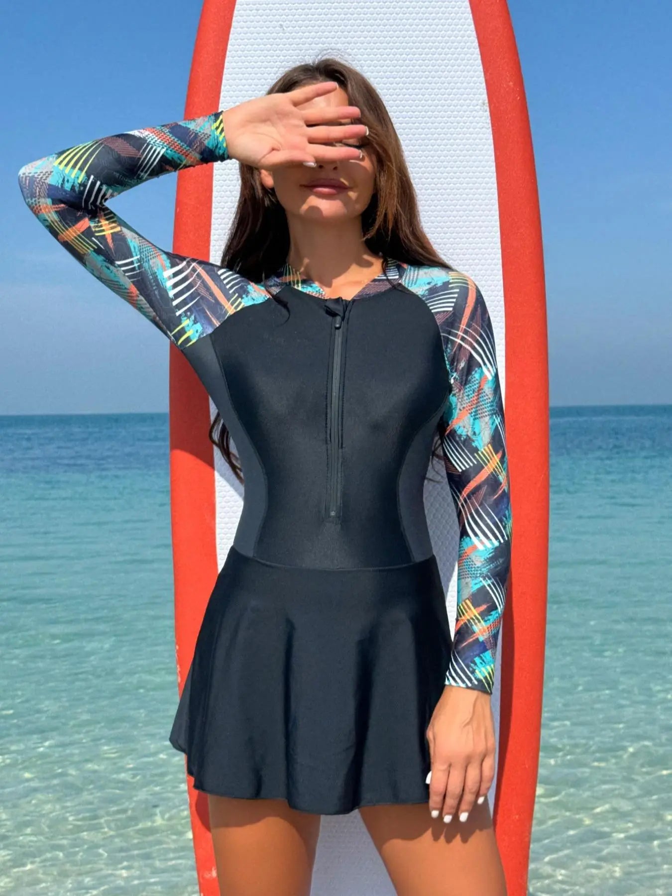 Women'S Colorblock Geometric Print Long Sleeve Zip up One-Piece Swimsuit, round Neck Raglan Sleeve Zipper Swimwear for Beach Vacation Holiday, Ladies Summer Swimsuit, Swimdress Swimsuits