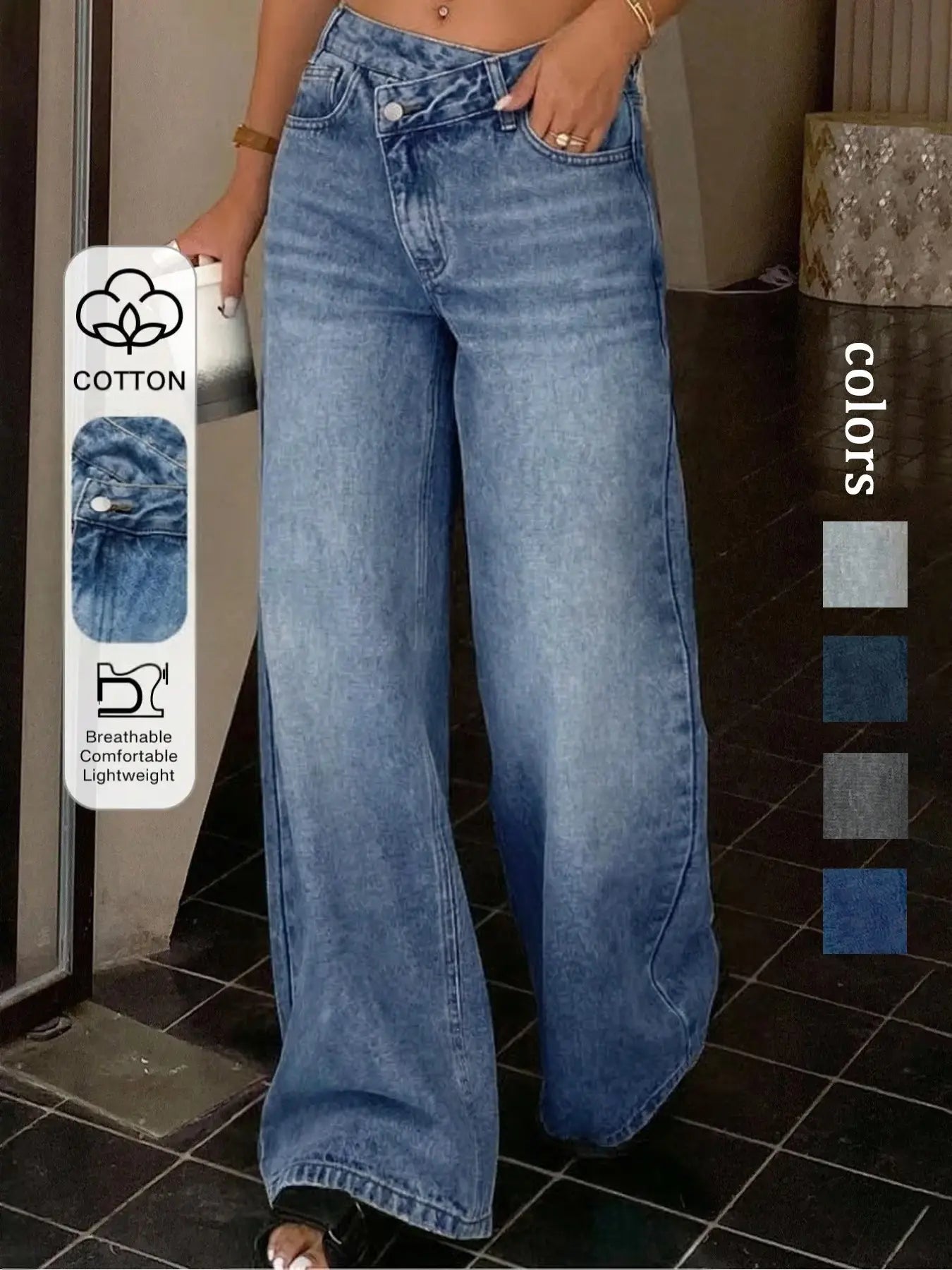 Premium Denim Women's Pocket Zipper Asymmetrical Wide Leg Jeans