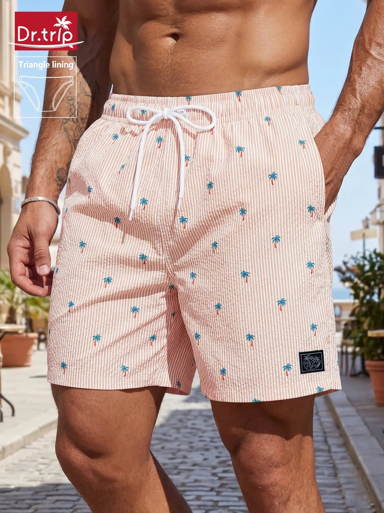 Men'S Regular Fit Palm Tree Print Boxer Brief Swim Shorts, Casual Comfy Breathable Swim Shorts for Summer, Men'S Swimwear for Beach Vacation