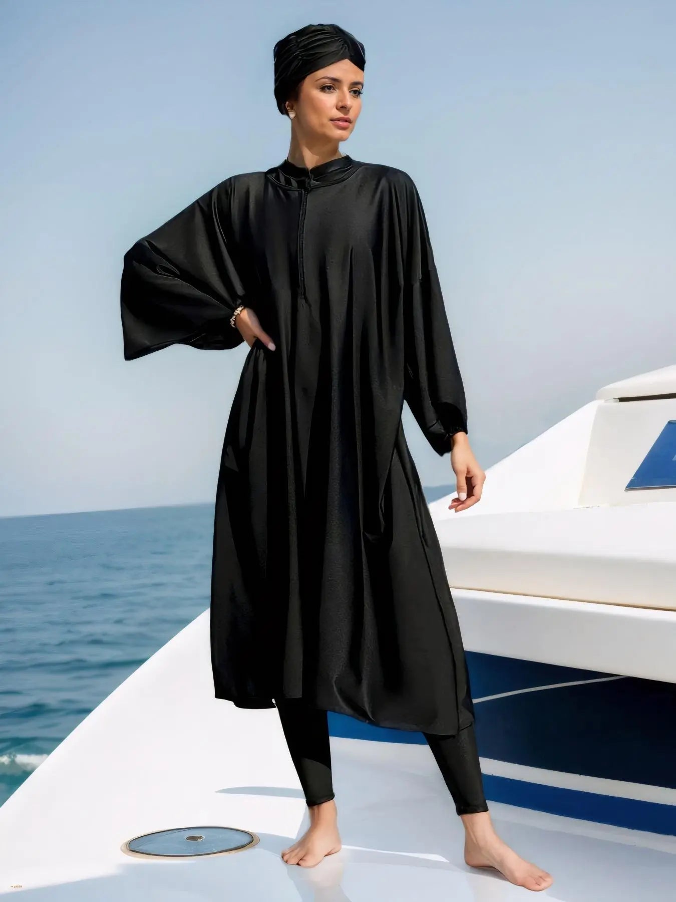 Women'S Solid One-Piece Swimsuit & Long Sleeve Zip Open Front Abaya & Cap Islamic Swimwear Set, Full Coverage Swimsuits, Modest Casual Swimsuit for Beach Vacation, Muslim Ladies Swimwear for All Seasons