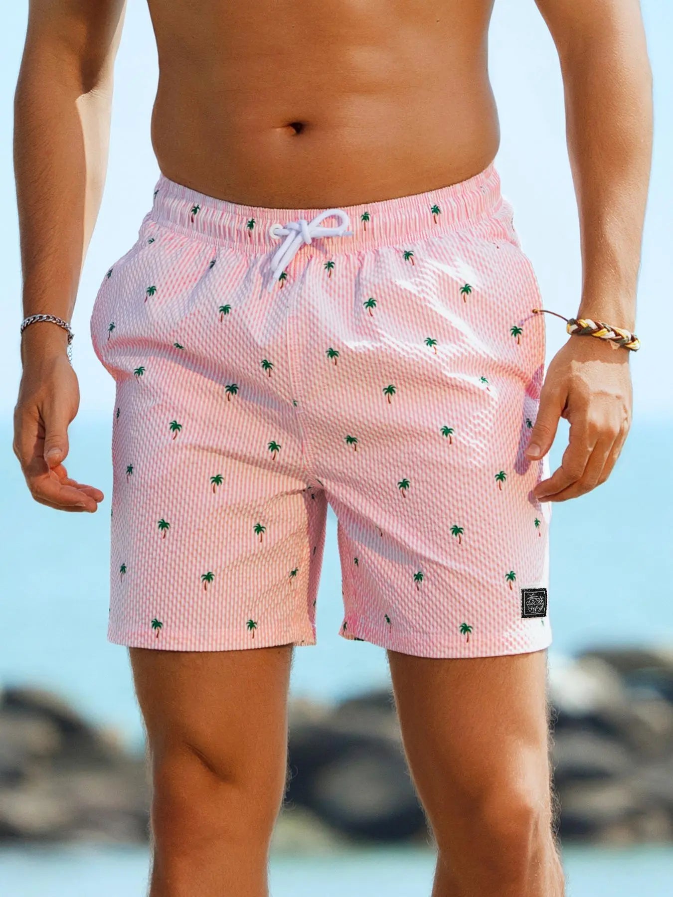Men'S Regular Fit Palm Tree Print Boxer Brief Swim Shorts, Casual Comfy Breathable Swim Shorts for Summer, Men'S Swimwear for Beach Vacation