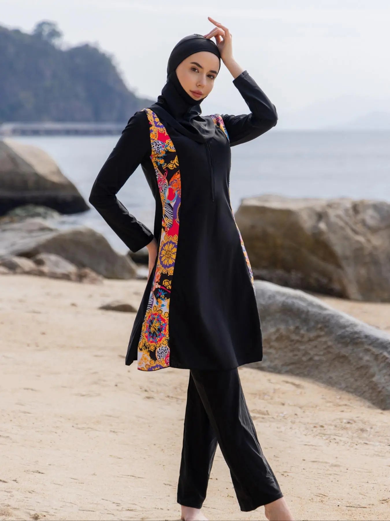 Women'S Ethnic Pattern Long Sleeve Swim Top & Swim Pants & Hijab, Modesty Tight-Fitting Three-Piece Set, Casual Muslim Swimwear, Modest Swimming Wear for Beach Vacation