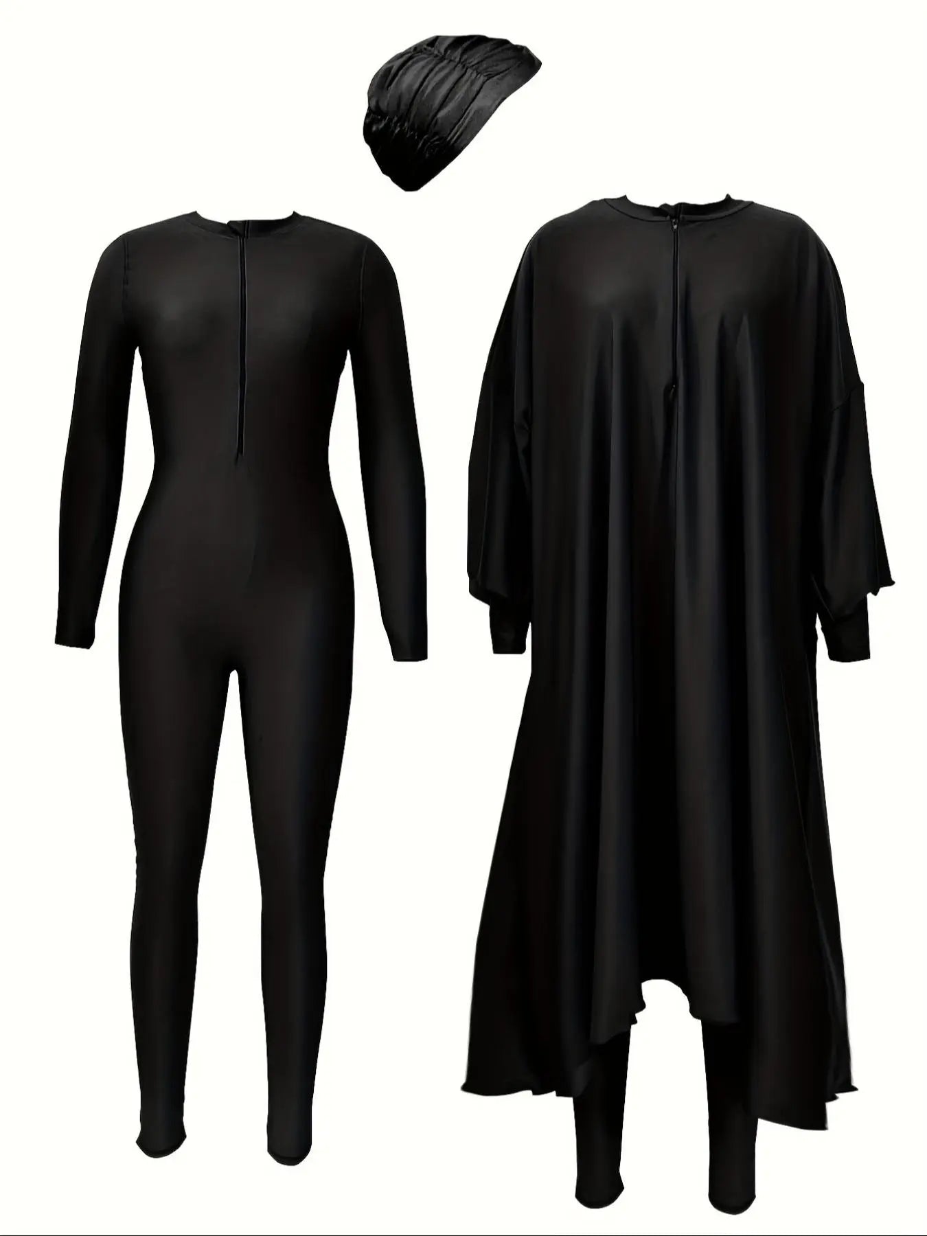 Women'S Solid One-Piece Swimsuit & Long Sleeve Zip Open Front Abaya & Cap Islamic Swimwear Set, Full Coverage Swimsuits, Modest Casual Swimsuit for Beach Vacation, Muslim Ladies Swimwear for All Seasons