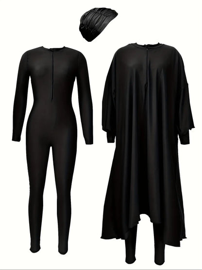 Women'S Solid One-Piece Swimsuit & Long Sleeve Zip Open Front Abaya & Cap Islamic Swimwear Set, Full Coverage Swimsuits, Modest Casual Swimsuit for Beach Vacation, Muslim Ladies Swimwear for All Seasons