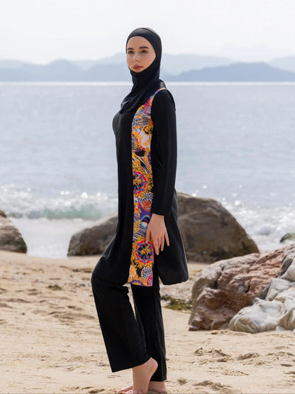 Women'S Ethnic Pattern Long Sleeve Swim Top & Swim Pants & Hijab, Modesty Tight-Fitting Three-Piece Set, Casual Muslim Swimwear, Modest Swimming Wear for Beach Vacation