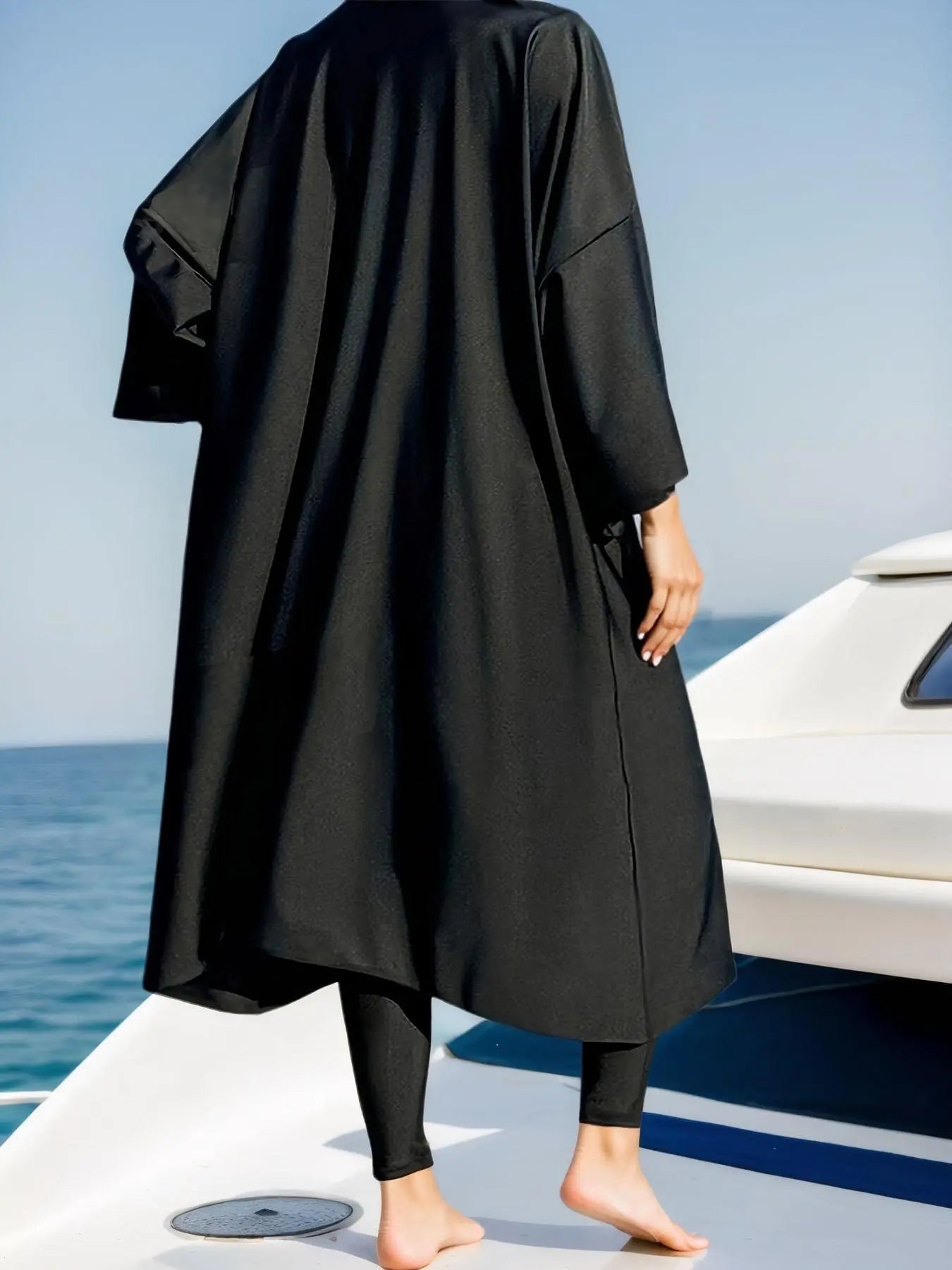 Women'S Solid One-Piece Swimsuit & Long Sleeve Zip Open Front Abaya & Cap Islamic Swimwear Set, Full Coverage Swimsuits, Modest Casual Swimsuit for Beach Vacation, Muslim Ladies Swimwear for All Seasons