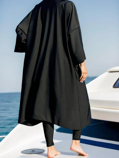 Women'S Solid One-Piece Swimsuit & Long Sleeve Zip Open Front Abaya & Cap Islamic Swimwear Set, Full Coverage Swimsuits, Modest Casual Swimsuit for Beach Vacation, Muslim Ladies Swimwear for All Seasons