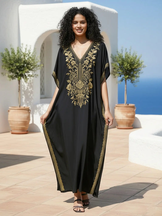 Arabic Clothing-Ethnic Pattern Embroidery Batwing Sleeve Split Hem Kaftan Dress, Modest V Neck Half Sleeve Long Dress for Summer, Women'S Clothing for Vacation Holiday Beach Wear
