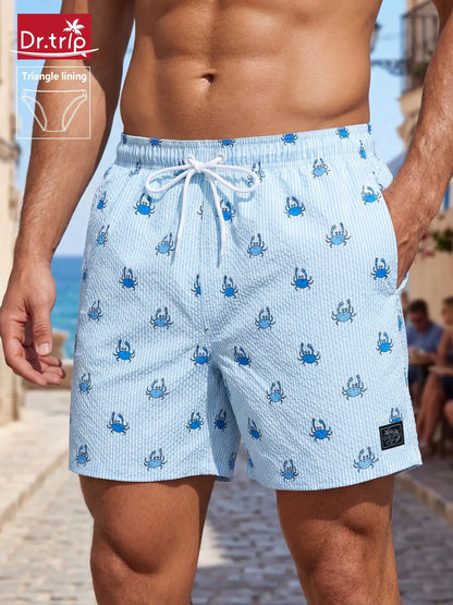 Men'S Regular Fit Palm Tree Print Boxer Brief Swim Shorts, Casual Comfy Breathable Swim Shorts for Summer, Men'S Swimwear for Beach Vacation