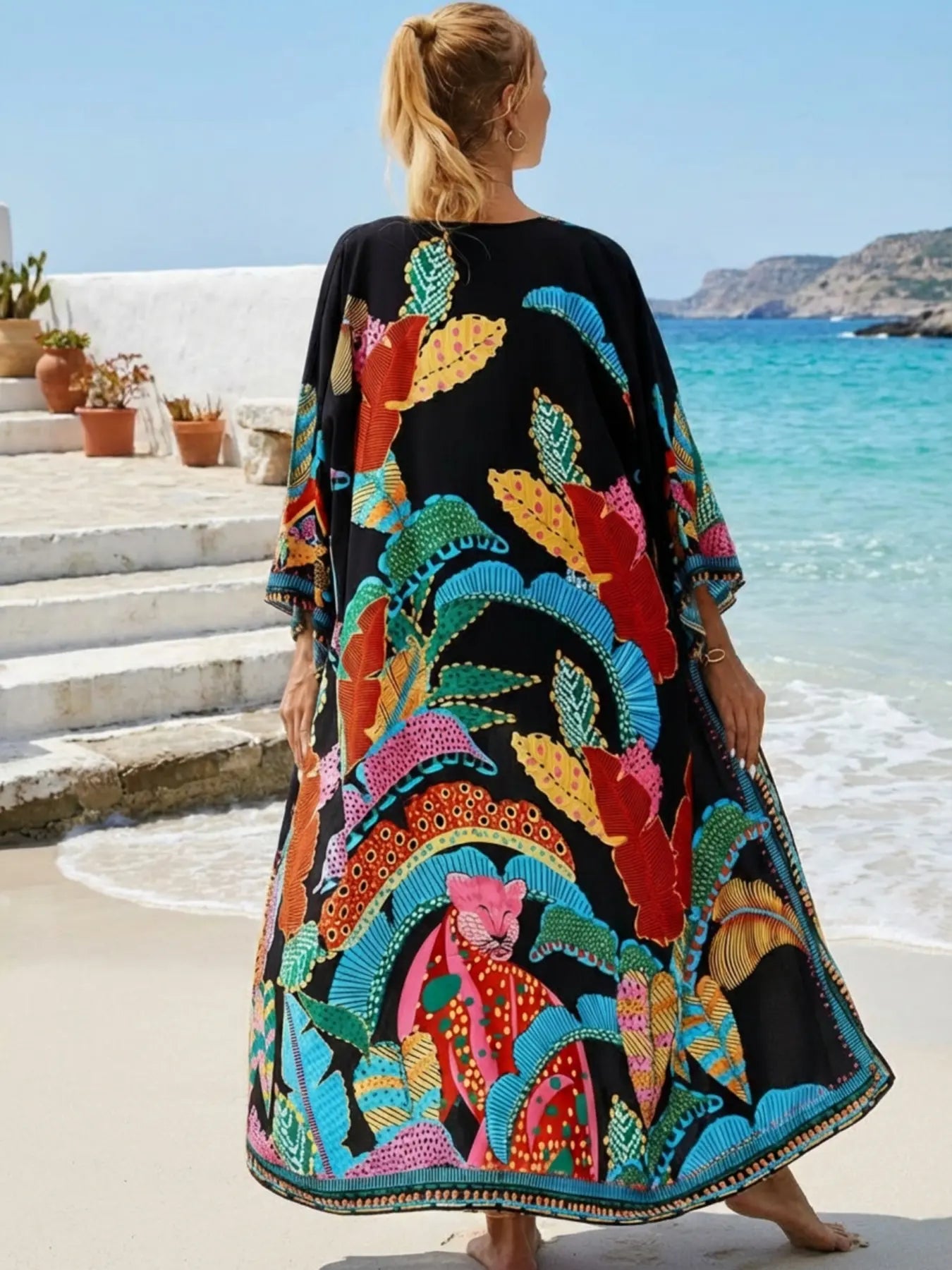 Women'S Plants Print Belted Cover Up, Boho Long Sleeve Open Front Cardigan Kimono for Beach Vacation, Women'S Swimwear for All Seasons, Swimsuit Cover Ups