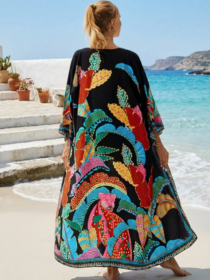 Women'S Plants Print Belted Cover Up, Boho Long Sleeve Open Front Cardigan Kimono for Beach Vacation, Women'S Swimwear for All Seasons, Swimsuit Cover Ups