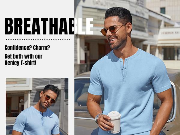 Men's Knit Henley Short Sleeve Casual Summer Button T-Shirt
