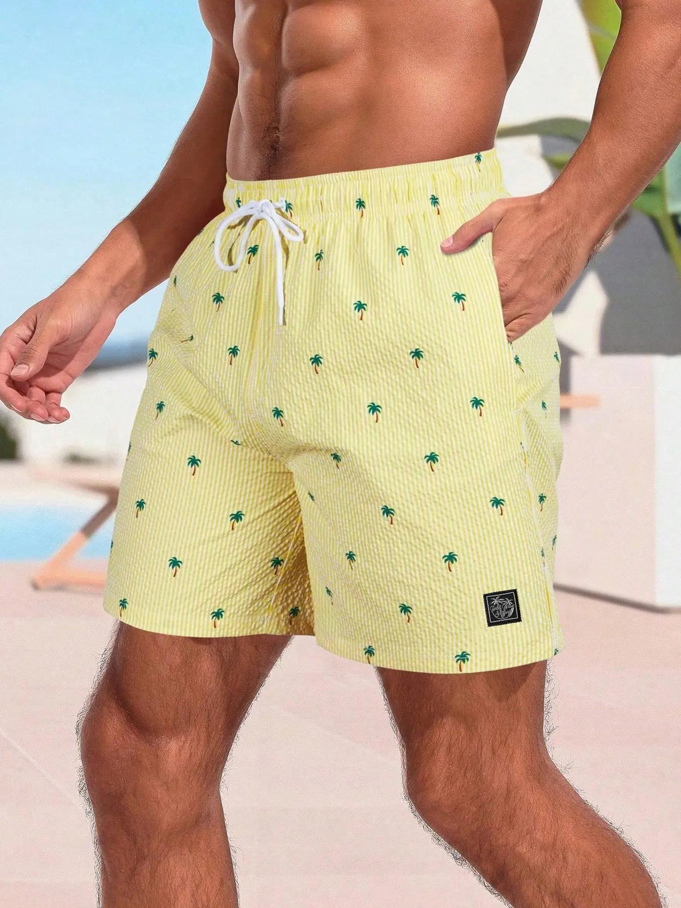 Men'S Regular Fit Palm Tree Print Boxer Brief Swim Shorts, Casual Comfy Breathable Swim Shorts for Summer, Men'S Swimwear for Beach Vacation