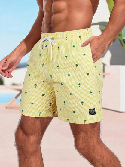 Men'S Regular Fit Palm Tree Print Boxer Brief Swim Shorts, Casual Comfy Breathable Swim Shorts for Summer, Men'S Swimwear for Beach Vacation