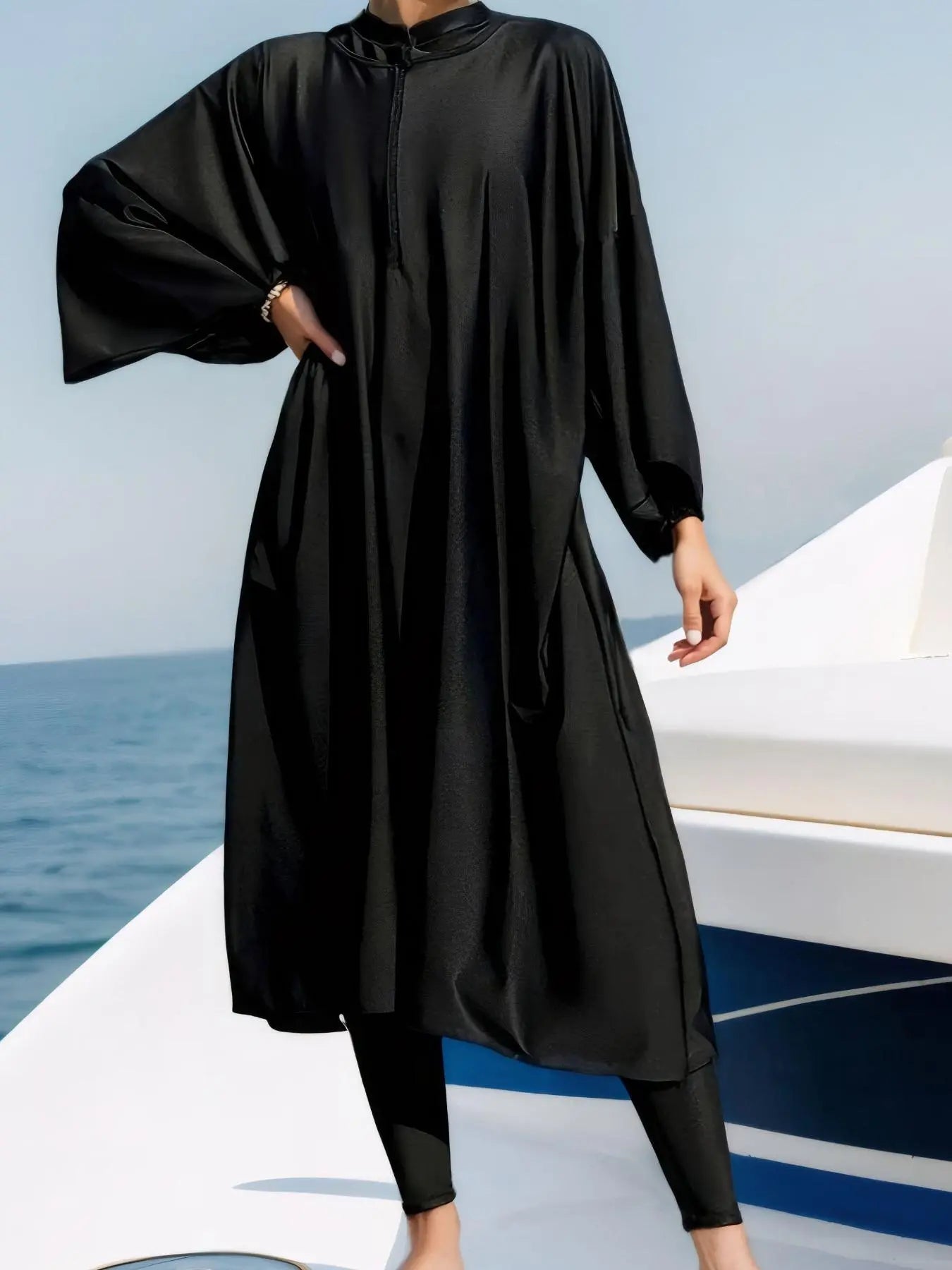 Women'S Solid One-Piece Swimsuit & Long Sleeve Zip Open Front Abaya & Cap Islamic Swimwear Set, Full Coverage Swimsuits, Modest Casual Swimsuit for Beach Vacation, Muslim Ladies Swimwear for All Seasons