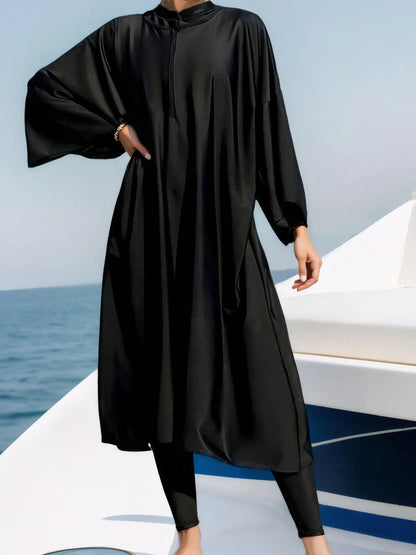 Women'S Solid One-Piece Swimsuit & Long Sleeve Zip Open Front Abaya & Cap Islamic Swimwear Set, Full Coverage Swimsuits, Modest Casual Swimsuit for Beach Vacation, Muslim Ladies Swimwear for All Seasons