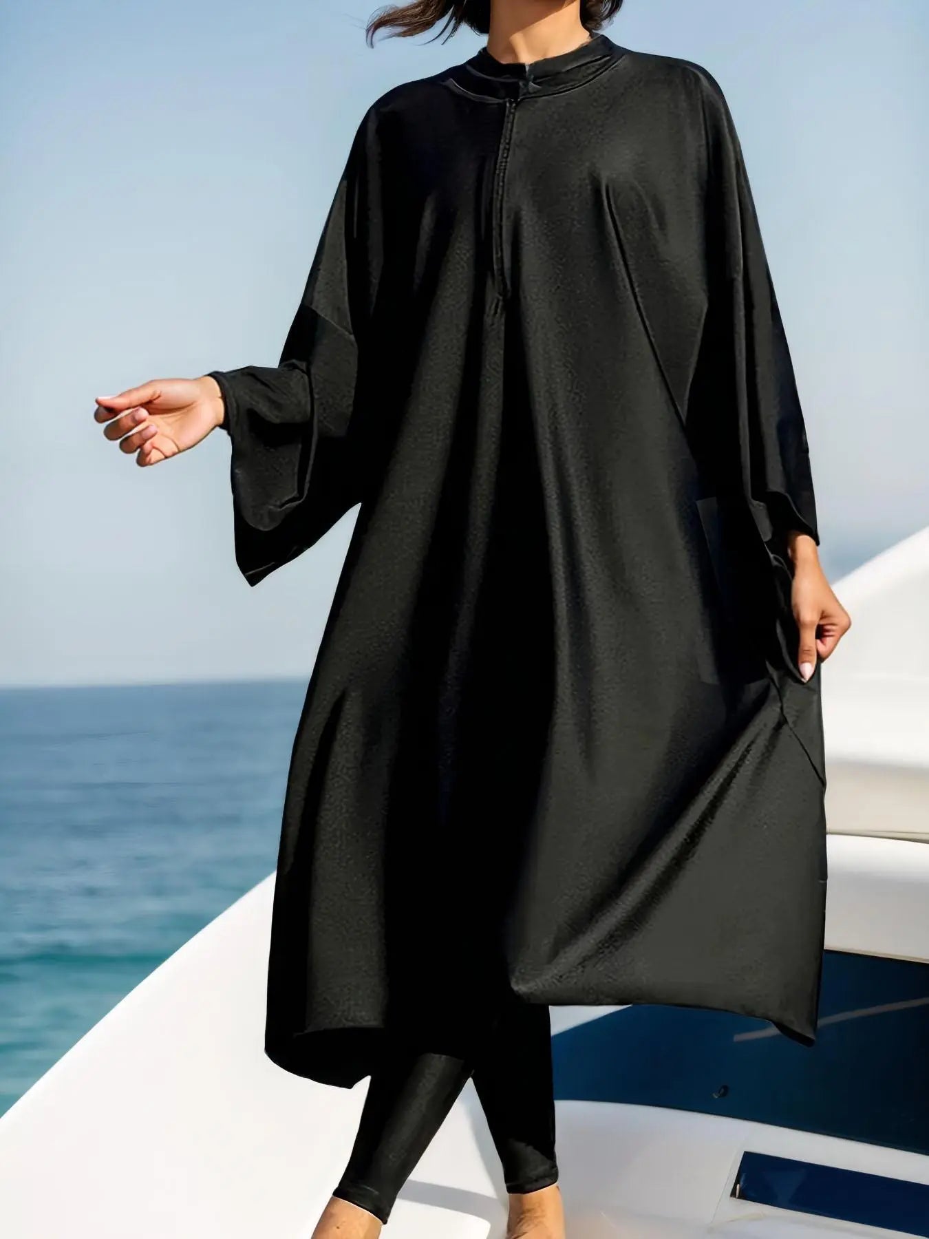 Women'S Solid One-Piece Swimsuit & Long Sleeve Zip Open Front Abaya & Cap Islamic Swimwear Set, Full Coverage Swimsuits, Modest Casual Swimsuit for Beach Vacation, Muslim Ladies Swimwear for All Seasons