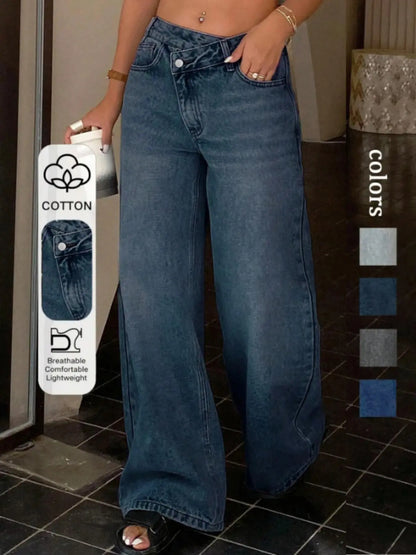 Premium Denim Women's Pocket Zipper Asymmetrical Wide Leg Jeans