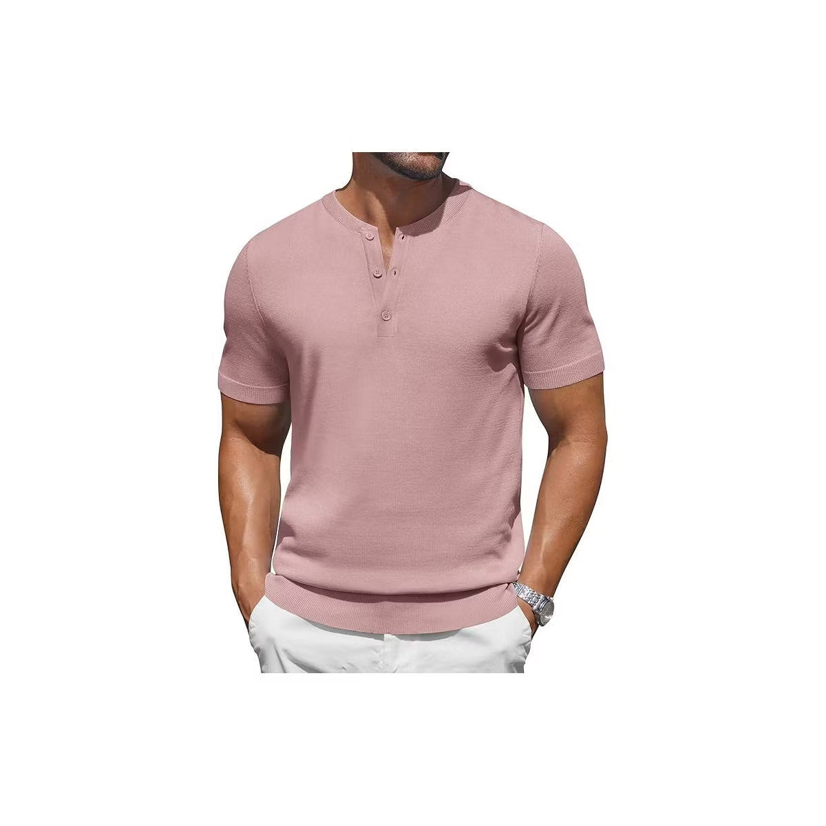 Men's Knit Henley Short Sleeve Casual Summer Button T-Shirt