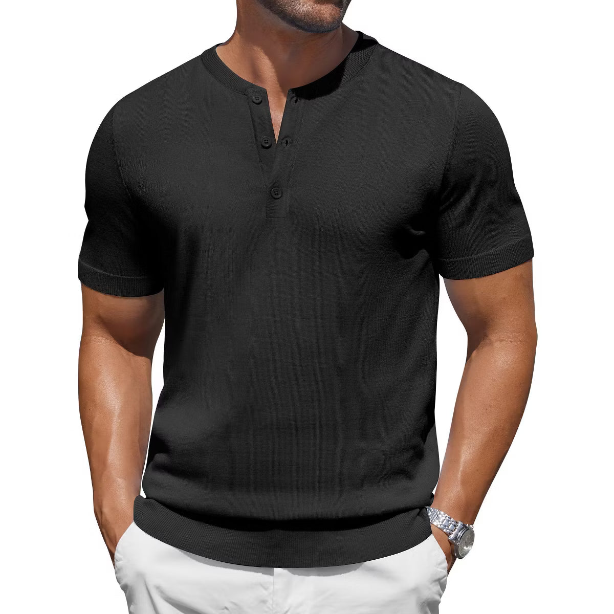 Men's Knit Henley Short Sleeve Casual Summer Button T-Shirt