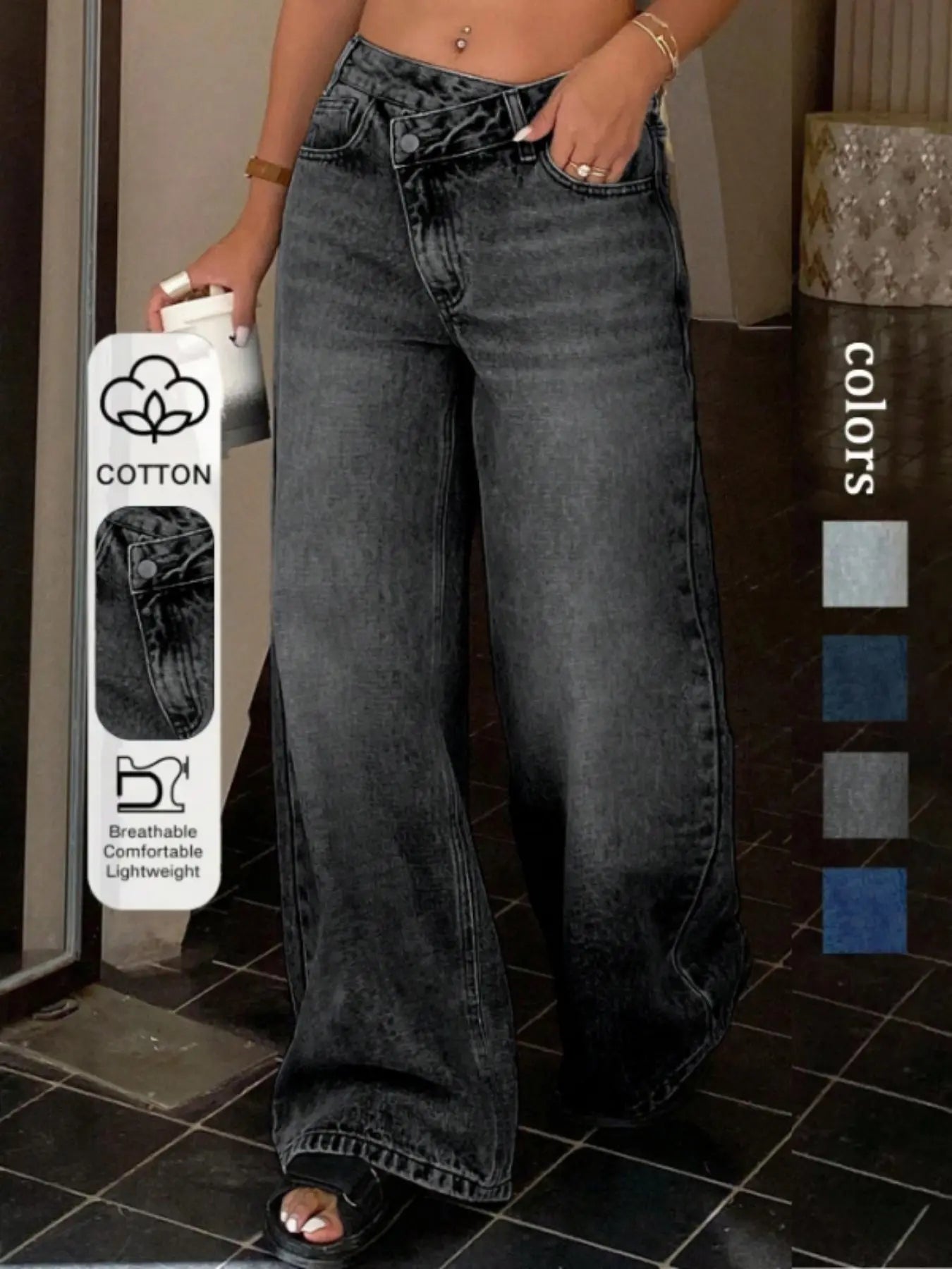 Premium Denim Women's Pocket Zipper Asymmetrical Wide Leg Jeans