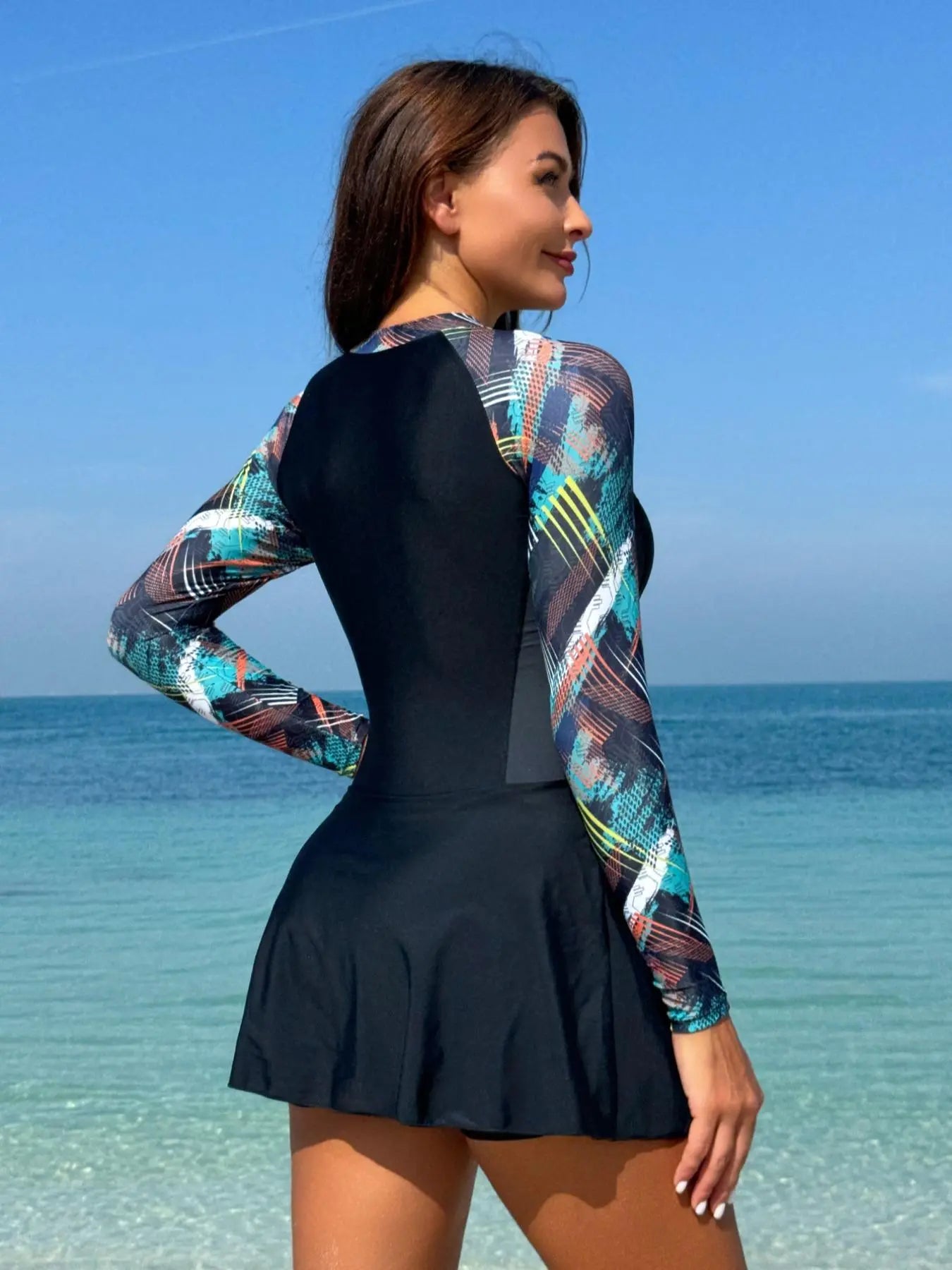 Women'S Colorblock Geometric Print Long Sleeve Zip up One-Piece Swimsuit, round Neck Raglan Sleeve Zipper Swimwear for Beach Vacation Holiday, Ladies Summer Swimsuit, Swimdress Swimsuits