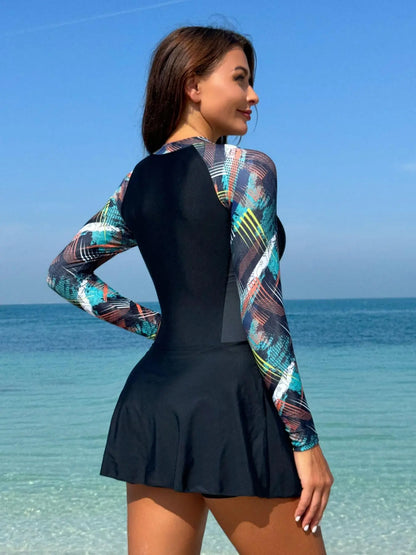 Women'S Colorblock Geometric Print Long Sleeve Zip up One-Piece Swimsuit, round Neck Raglan Sleeve Zipper Swimwear for Beach Vacation Holiday, Ladies Summer Swimsuit, Swimdress Swimsuits