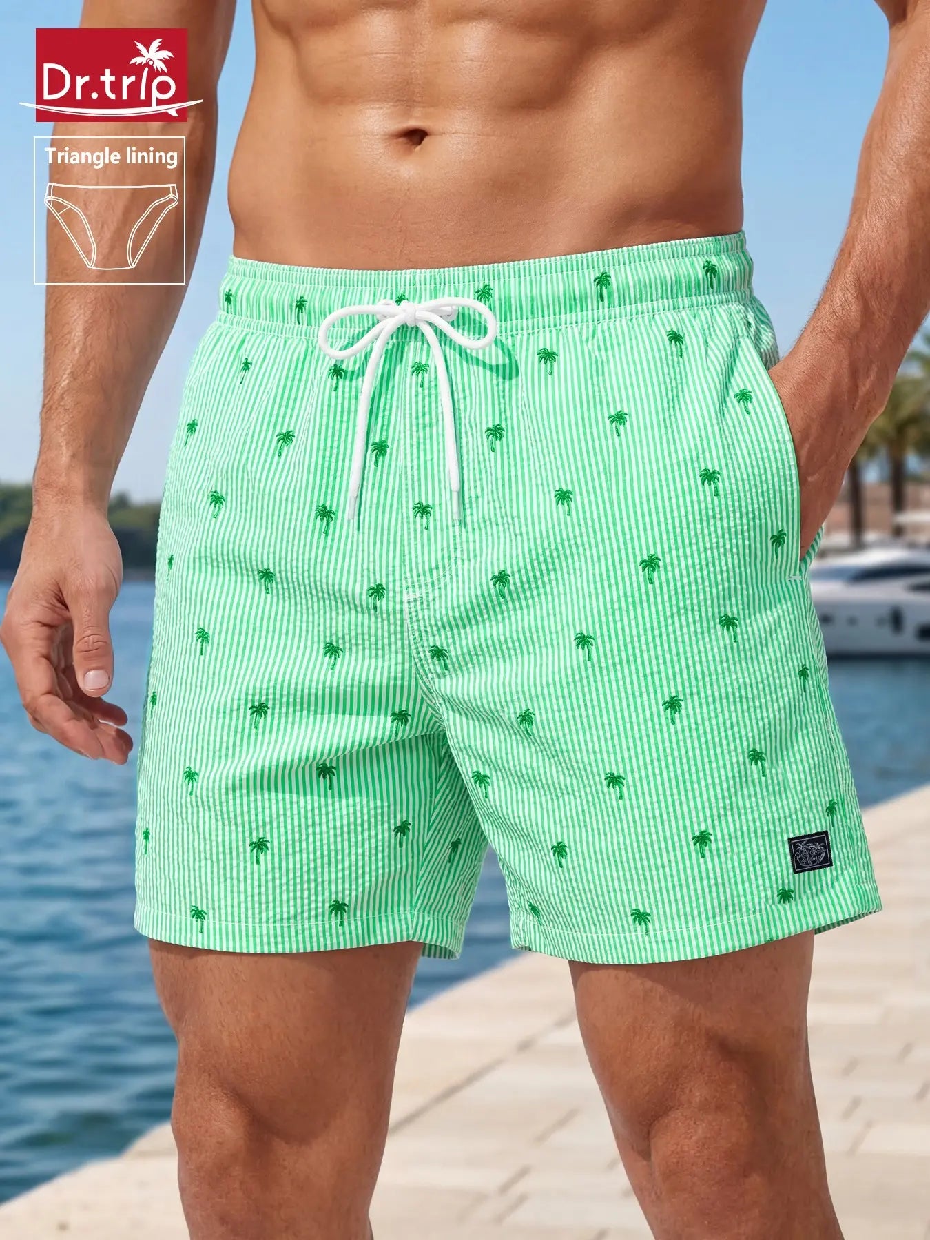 Men'S Regular Fit Palm Tree Print Boxer Brief Swim Shorts, Casual Comfy Breathable Swim Shorts for Summer, Men'S Swimwear for Beach Vacation