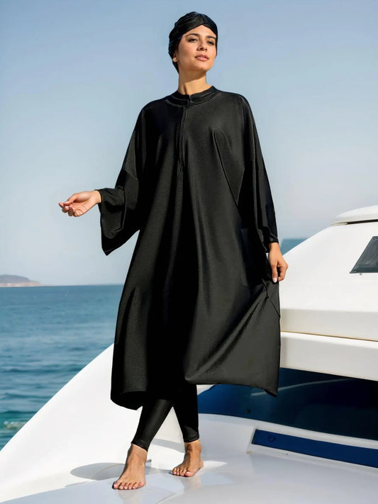 Women'S Solid One-Piece Swimsuit & Long Sleeve Zip Open Front Abaya & Cap Islamic Swimwear Set, Full Coverage Swimsuits, Modest Casual Swimsuit for Beach Vacation, Muslim Ladies Swimwear for All Seasons