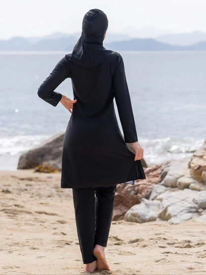 Women'S Ethnic Pattern Long Sleeve Swim Top & Swim Pants & Hijab, Modesty Tight-Fitting Three-Piece Set, Casual Muslim Swimwear, Modest Swimming Wear for Beach Vacation
