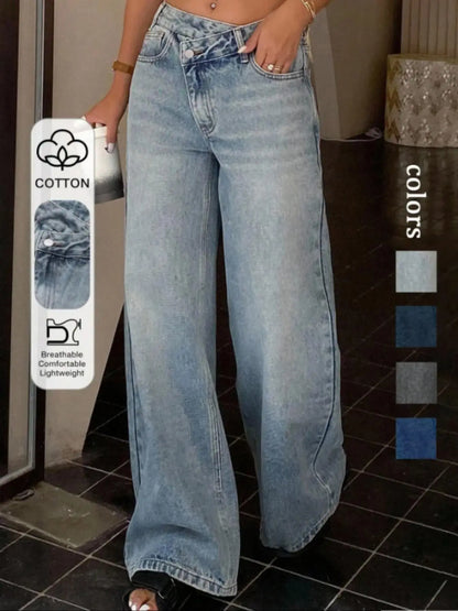 Premium Denim Women's Pocket Zipper Asymmetrical Wide Leg Jeans