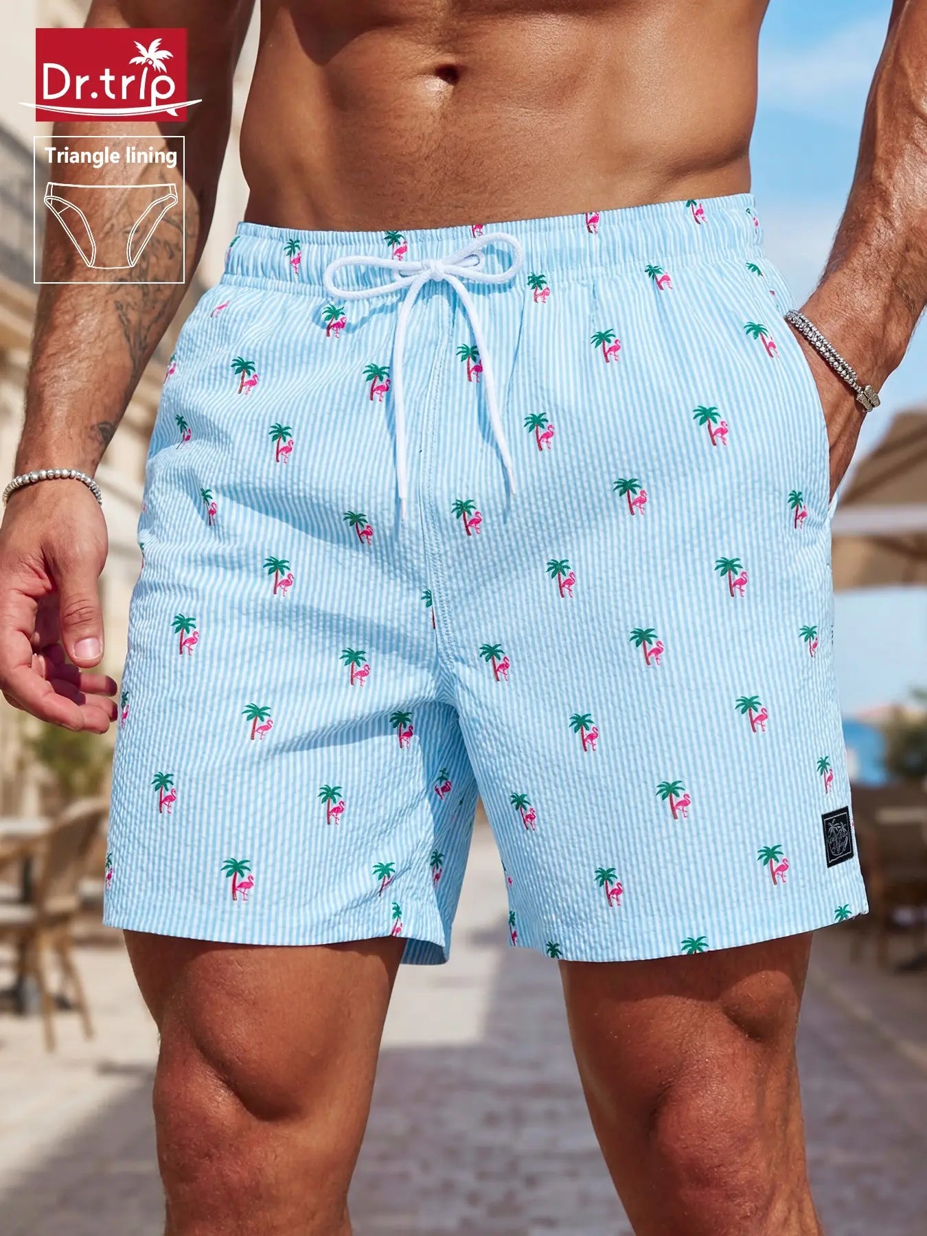 Men'S Regular Fit Palm Tree Print Boxer Brief Swim Shorts, Casual Comfy Breathable Swim Shorts for Summer, Men'S Swimwear for Beach Vacation