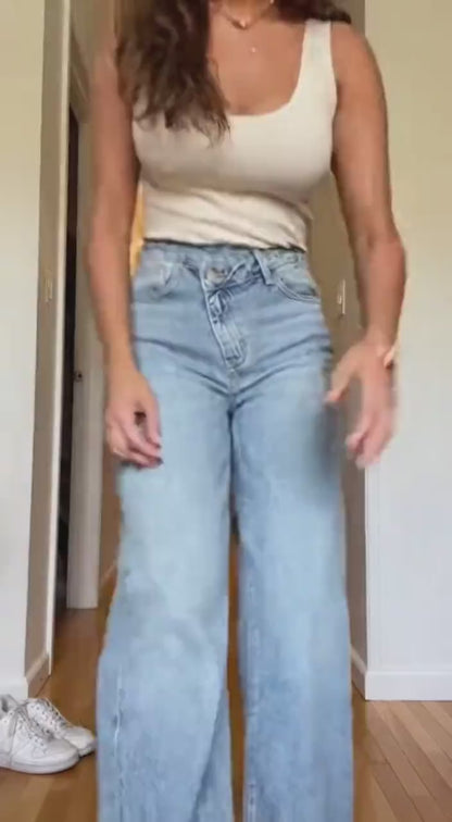 Premium Denim Women's Pocket Zipper Asymmetrical Wide Leg Jeans