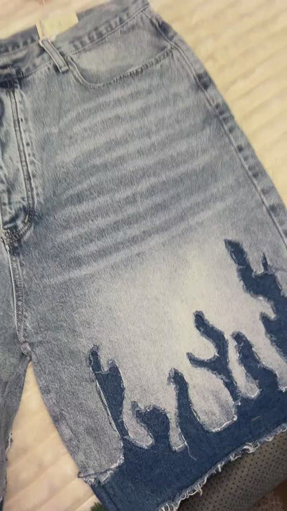 Vintage Baggy Flame Denim Shorts